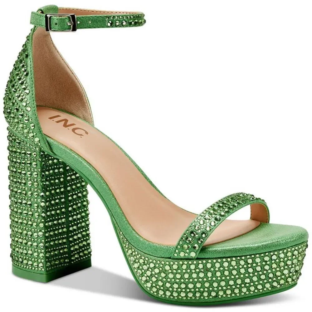 INC Womens Shea Green Embellished Open Toe Ankle Strap Platform Heels NWOB